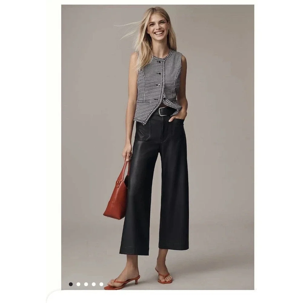 Maeve Colette Pants Women 26 Faux Leather Biker Wide Leg High Rise Anthropologie - Picture 1 of 12
